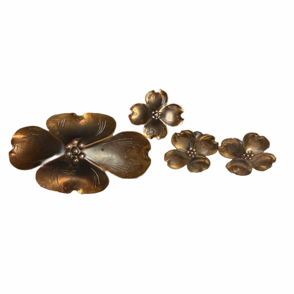 Vintage Copper large Dogwood Flower Brooch, Pin,And Earrings Signed Stuart Nye